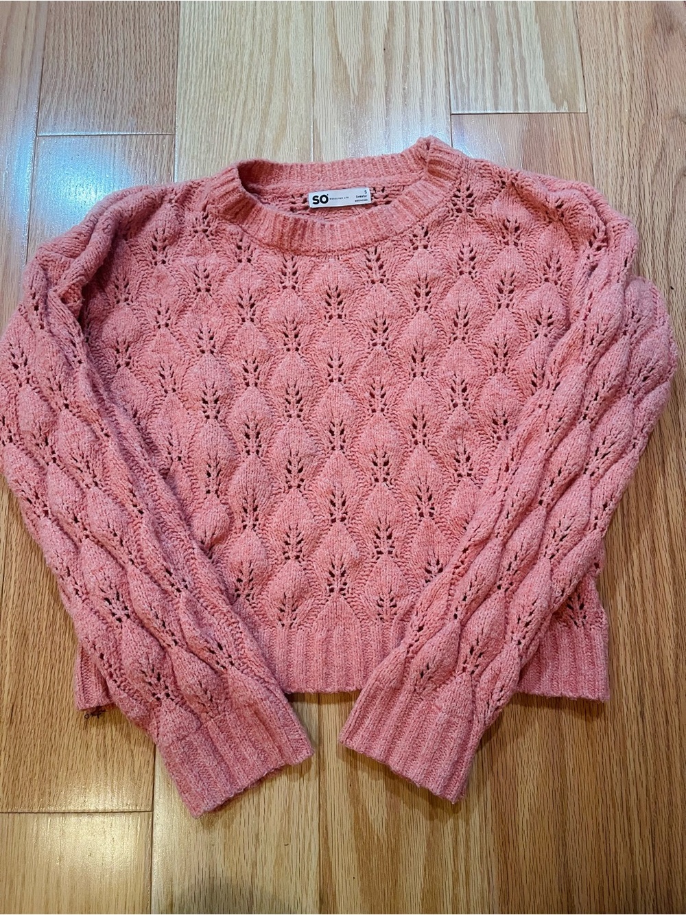 SO Coral Pink Openwork Crewneck Sweater